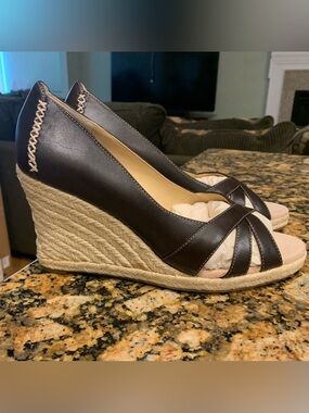 LOFT Dark Brown Leather Espadrille Wedge Peep-Toe Heels